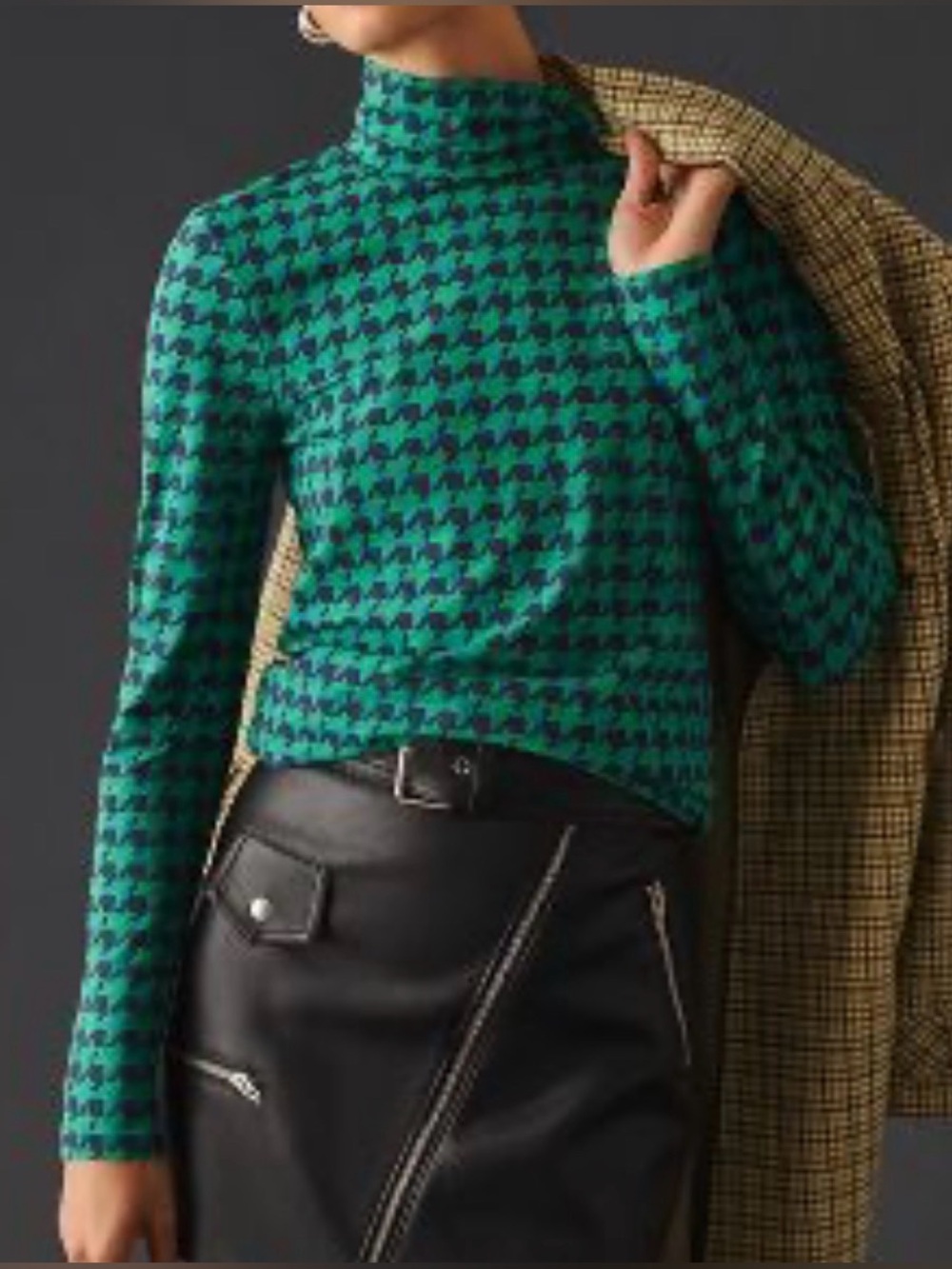 Maeve Anthropologie NWT Printed Turtleneck Top Women’s Small Green Houndstooth